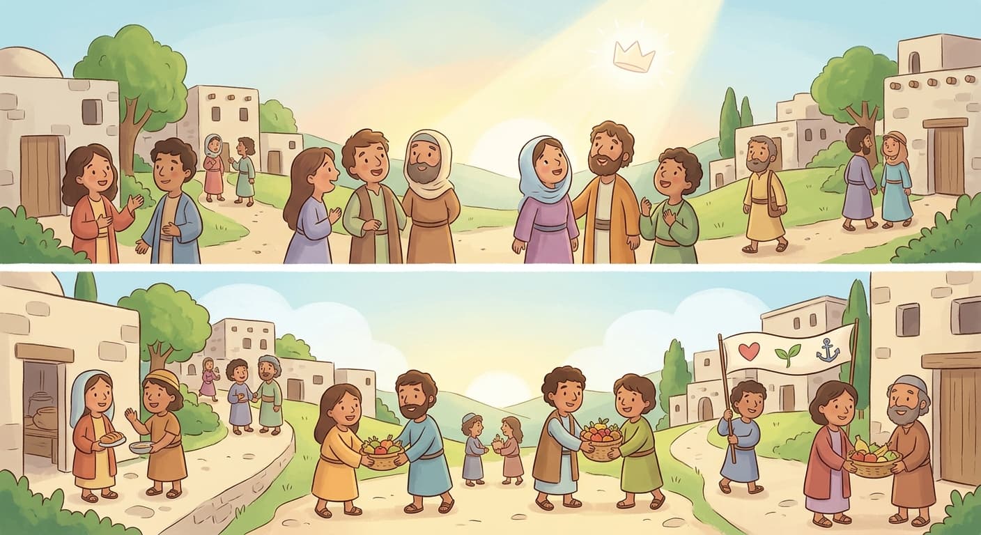 Ilustração bíblica colorida com pessoas reunidas e compartilhando alimentos