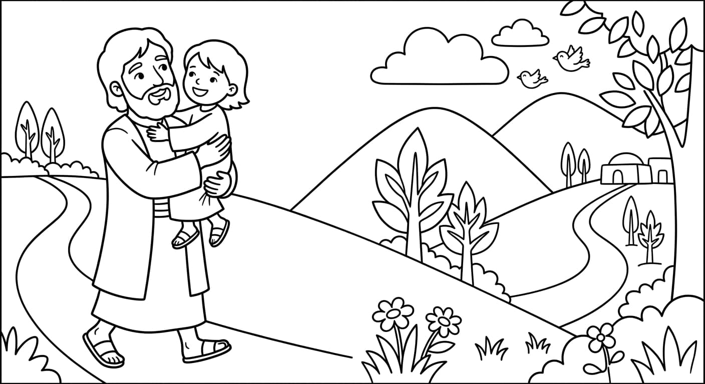Ilustração bíblica em preto e branco com Jesus e uma criança